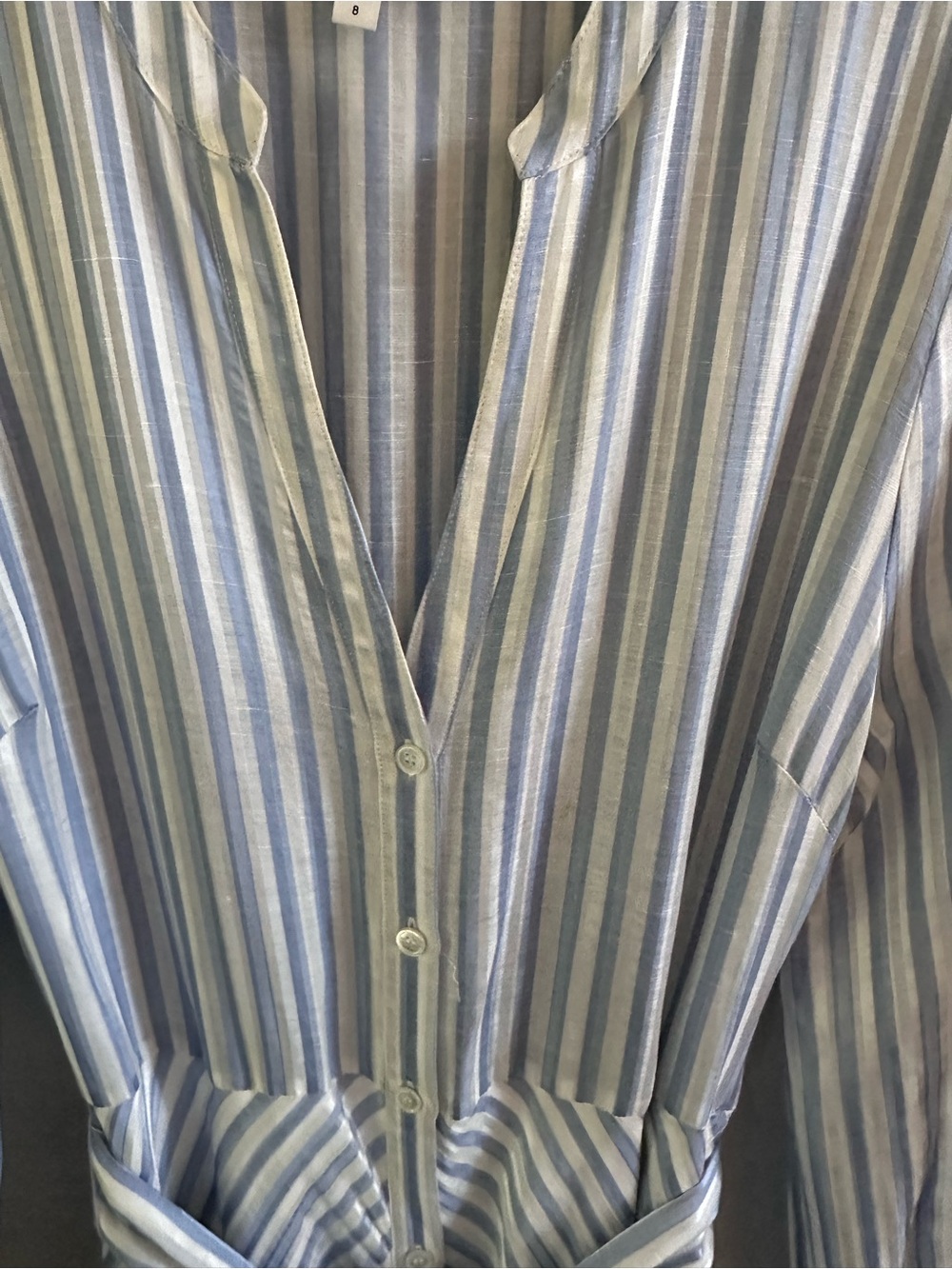 Veronica Beard Jenna Tie Waist Linen Silk Stripe Midi Dress Size 8 Blue White - Picture 4 of 16